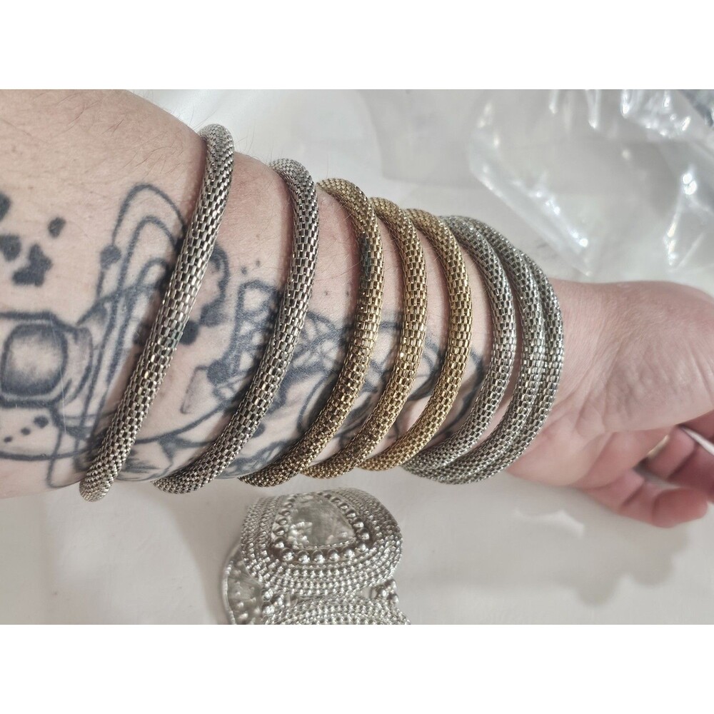 Silver & Gold Tone Mesh Stackable Bangle Bracelets + Pavé Crystal Cuff Set - Picture 2 of 8